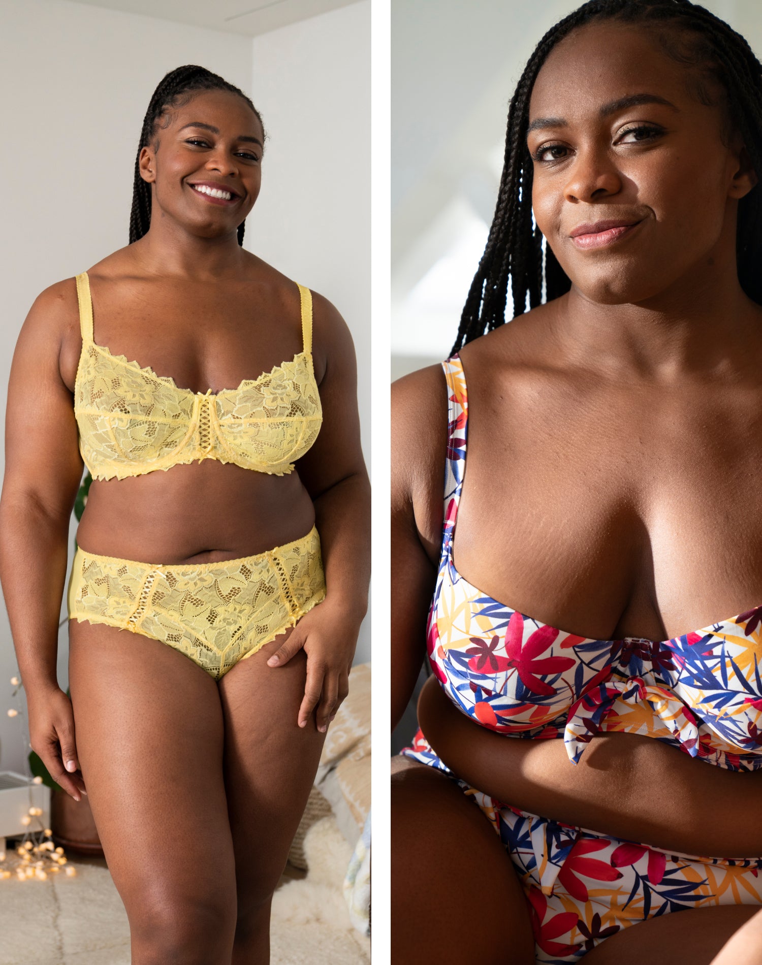 Parmi ses modèles favoris, Romane a choisi l'ensemble de lingerie Arum Saison en coloris Jaune Brume Dorée et le maillot de bain 2 pièces Island Dream en coloris Florale Blanc.