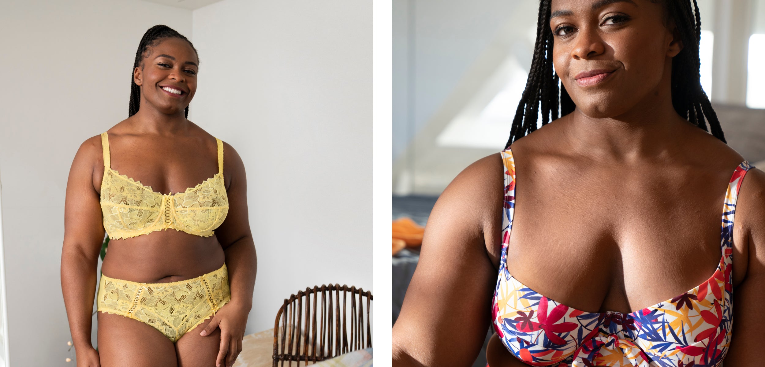 Parmi ses modèles favoris, Romane a choisi l'ensemble de lingerie Arum Saison en coloris Jaune Brume Dorée et le maillot de bain 2 pièces Island Dream en coloris Florale Blanc.